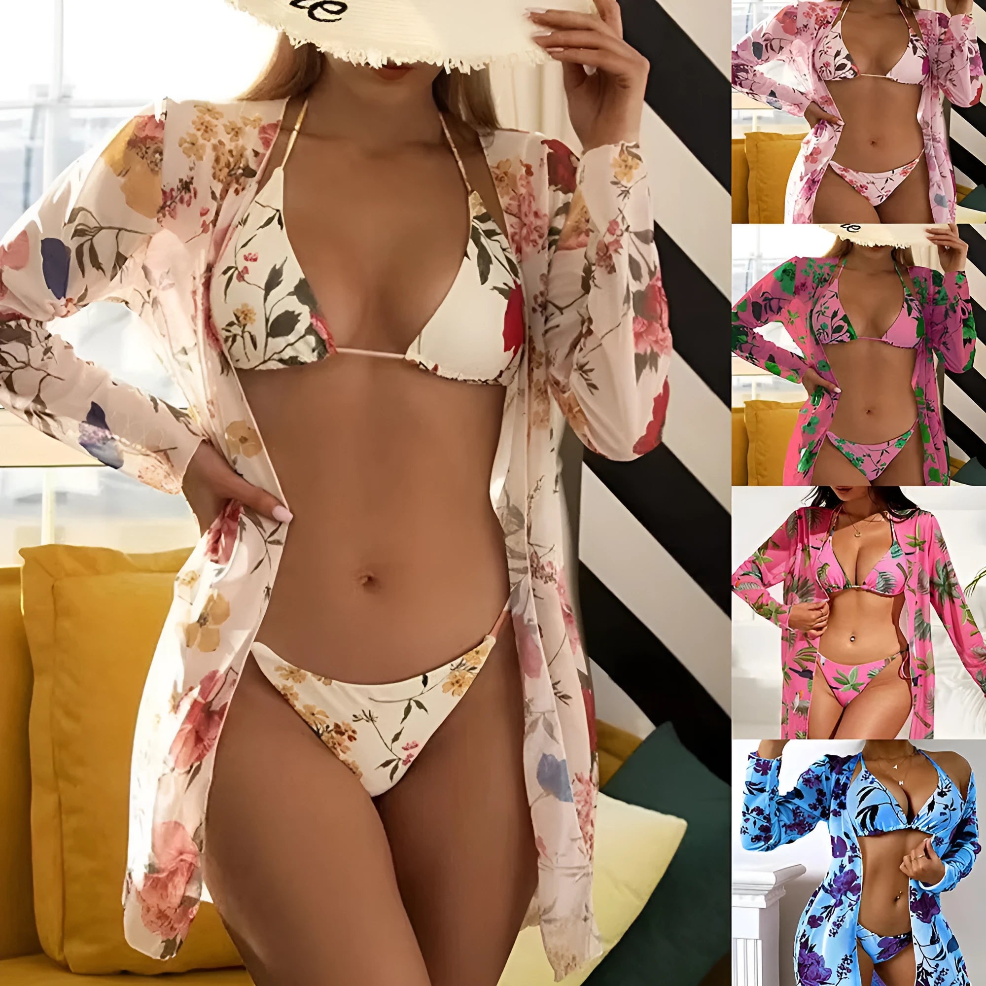 Women's floral print three-piece swimsuit set showing bra, trunks, and mesh blouse cover-up.