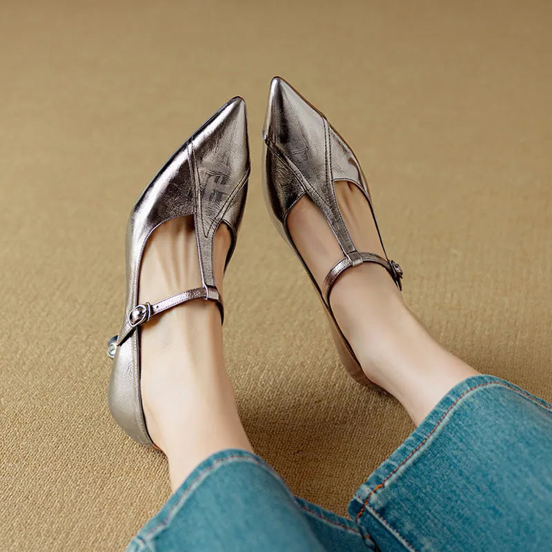 Women's gun colour genuine leather pumps with chunky heel and round toe box
