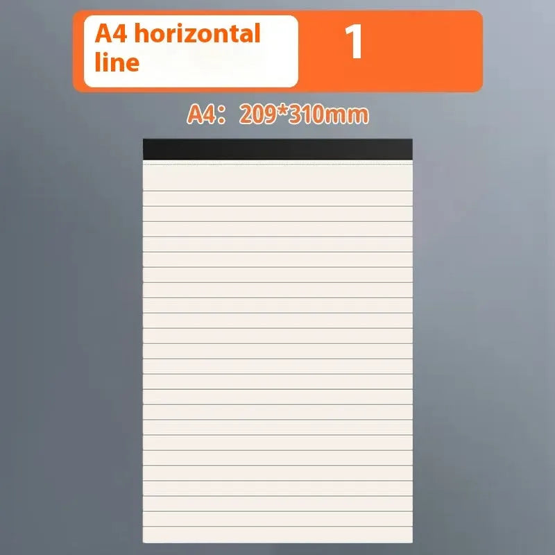 Set of A5, B5, and A4 writing pads showing blank, grid, and horizontal line page styles.