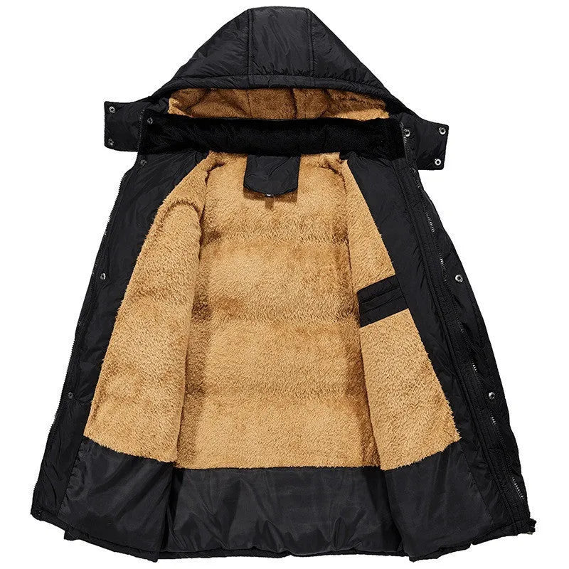 Men's black velvet padded winter jacket with hood and double-breasted placket in loose fit style