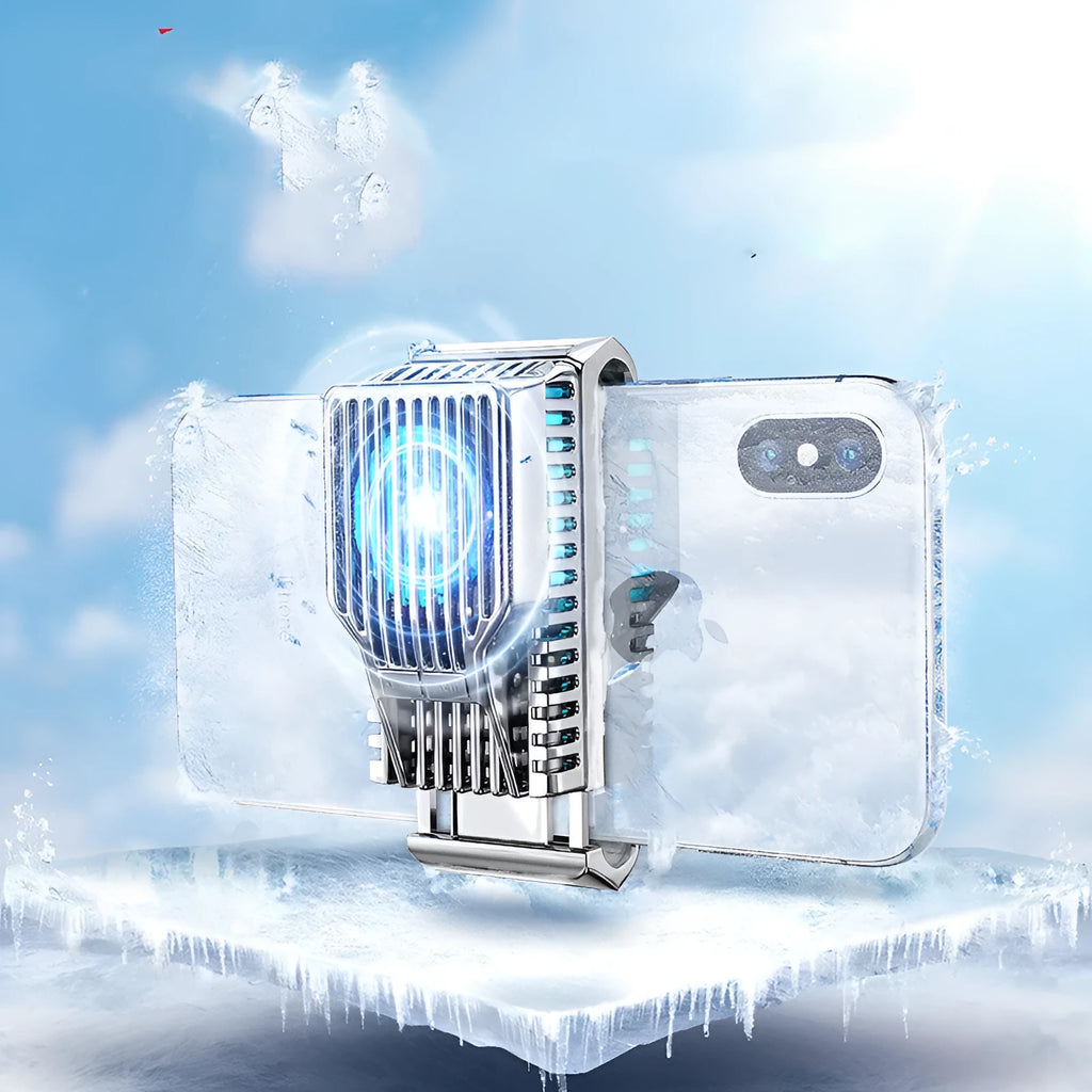 Black mobile phone radiator with aluminium alloy and ceramic cooling plate attached to smartphone