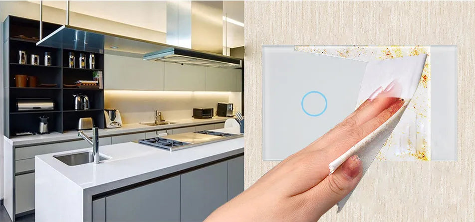 White two-gang touch light switch with tempered glass panel and blue LED indicator