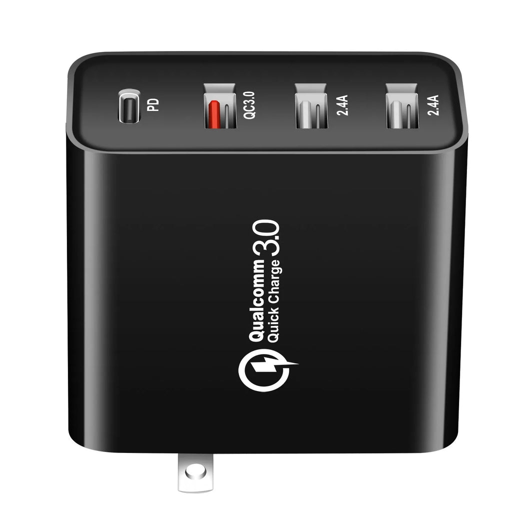 Four-port USB-C PD wall charger with international plug adapters in black or white