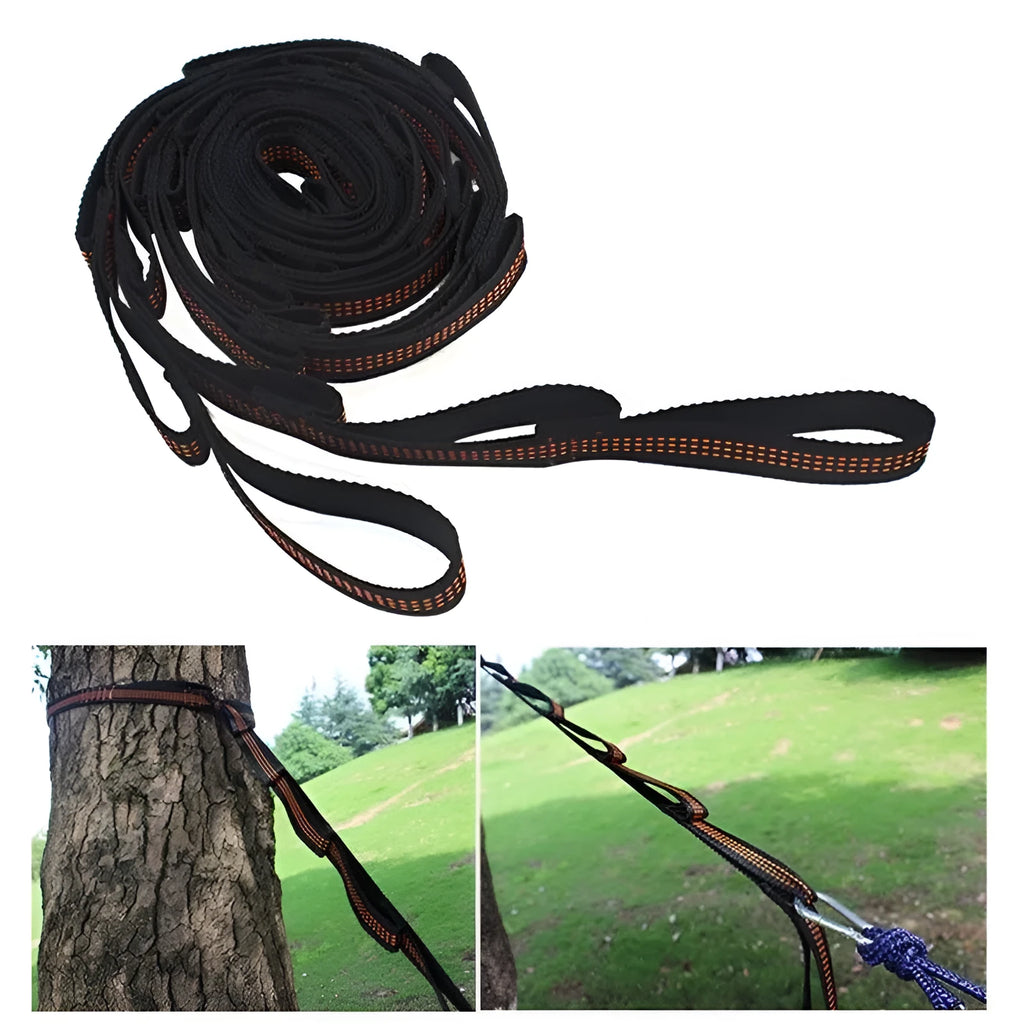Two polyester hammock straps with six loops each, 1 m length, on a tree