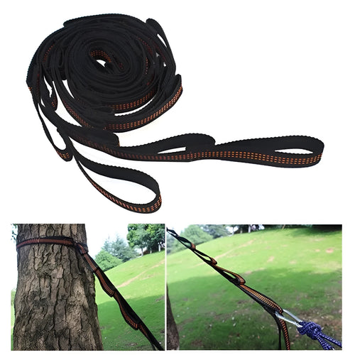 Two polyester hammock straps with six loops each, 1 m length, on a tree