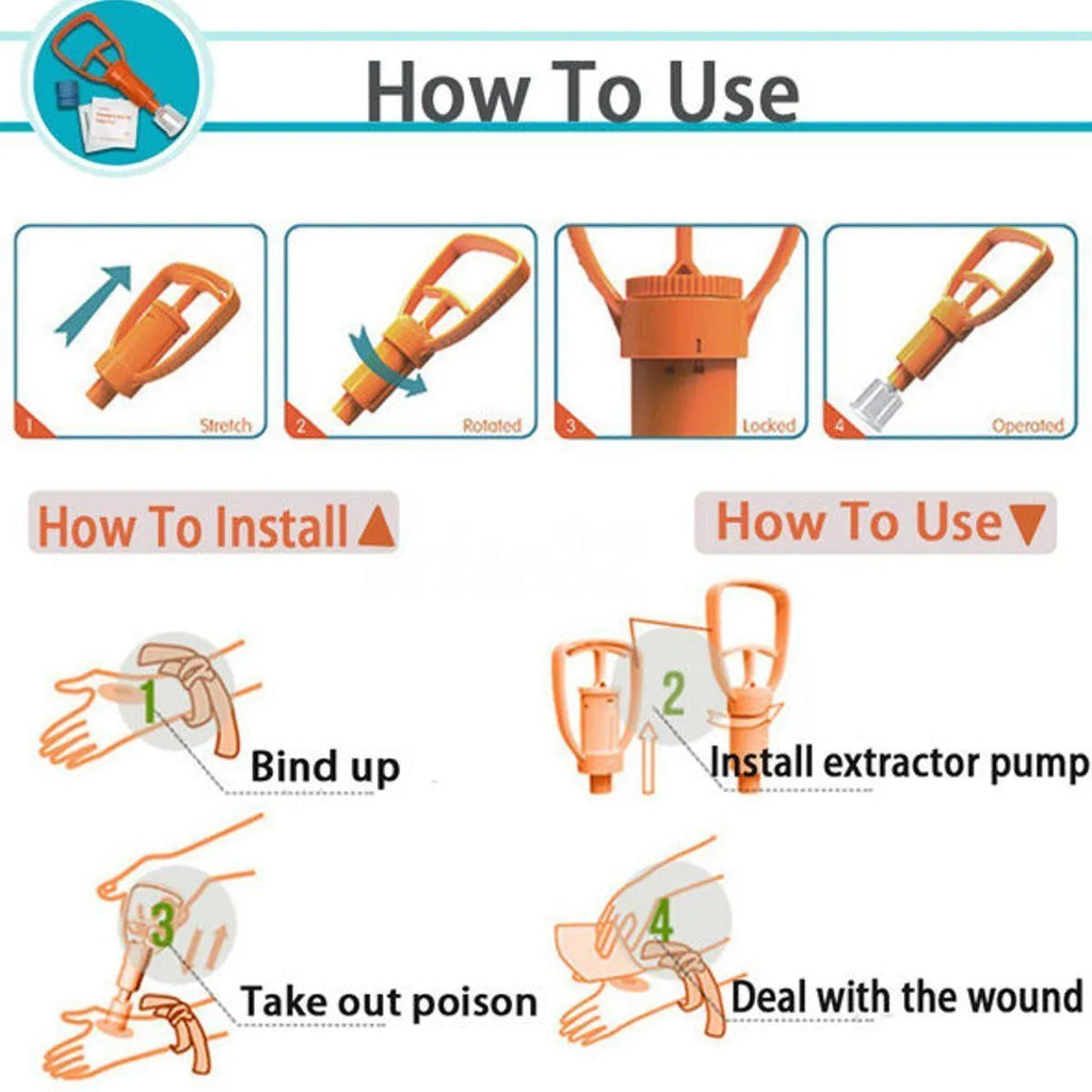 Orange venom extraction suction device with storage box, suction pump, two suction cups, and first aid accessories for outdoor emergencies