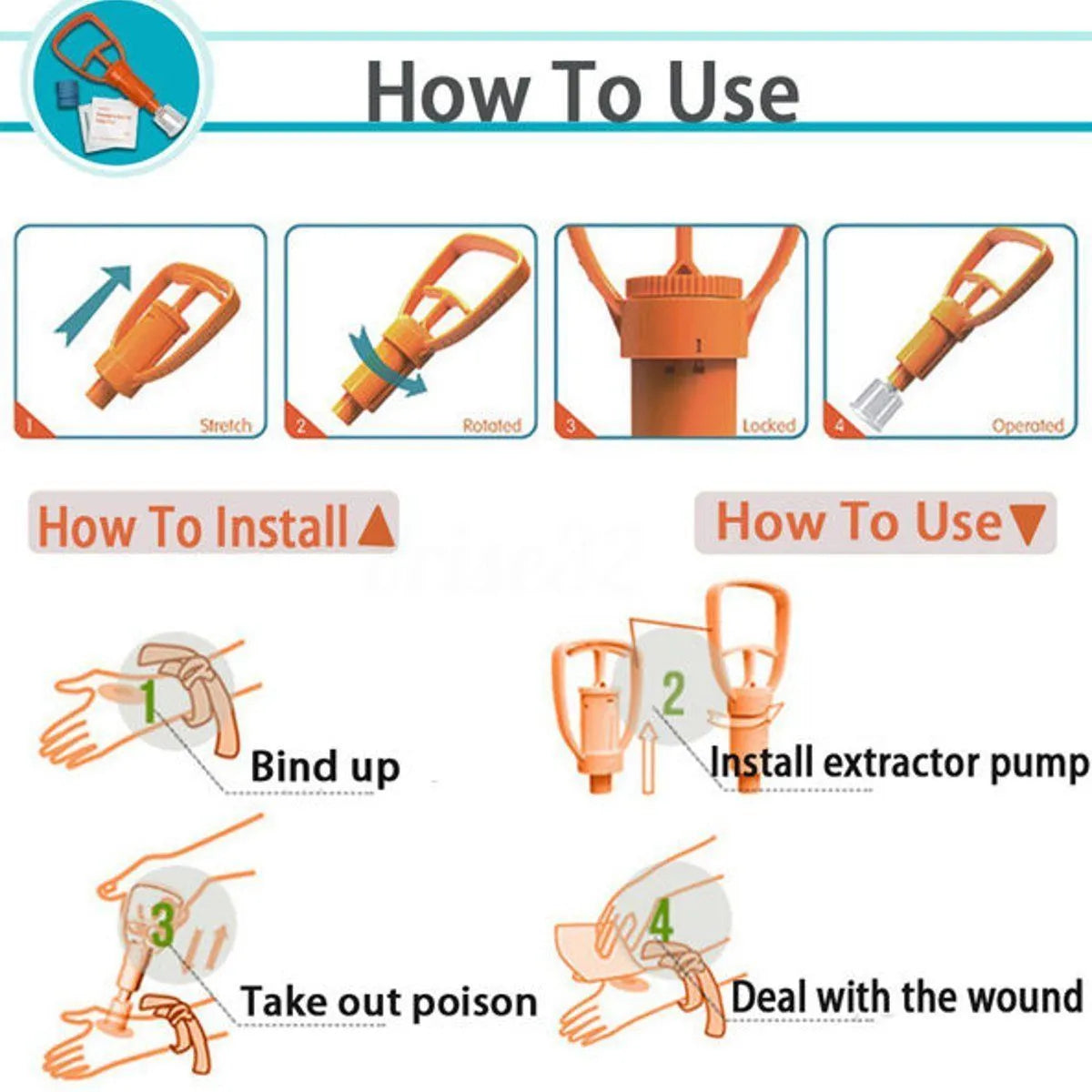 Orange venom extraction suction device with storage box, suction pump, two suction cups, and first aid accessories for outdoor emergencies
