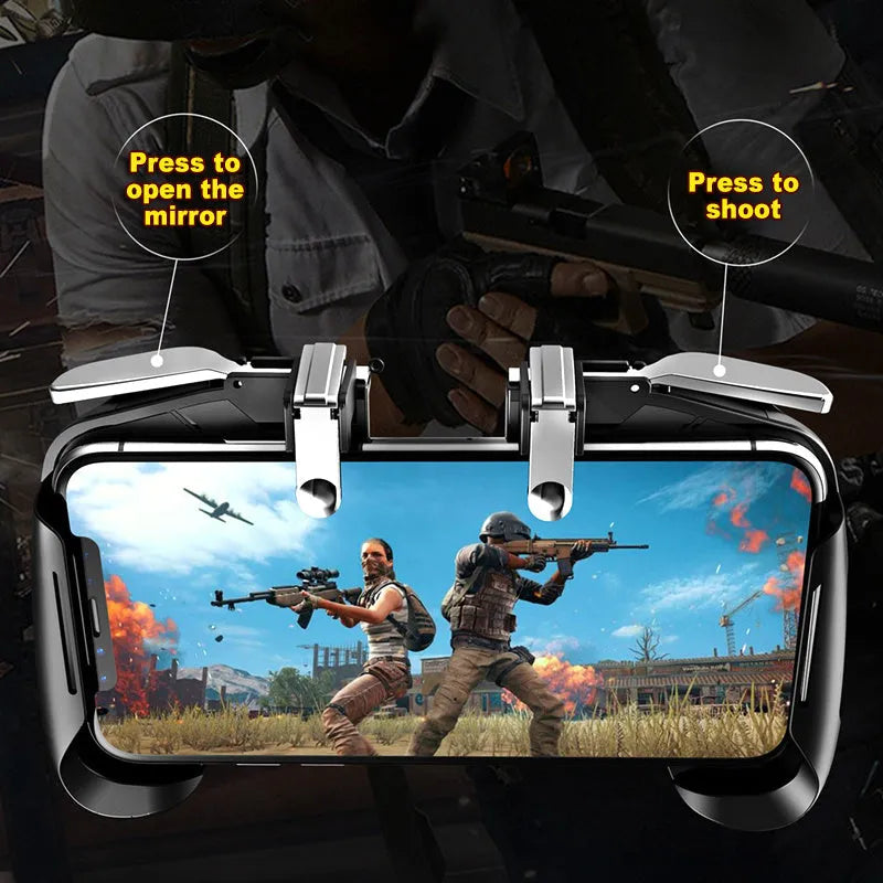 Telescopic mobile game handle extended to show smartphone compatibility with detachable grip component