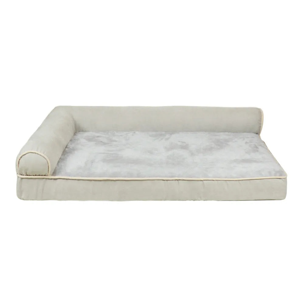 Solid colour cloth pet bed for dogs in khaki, shown on a floor with a size label