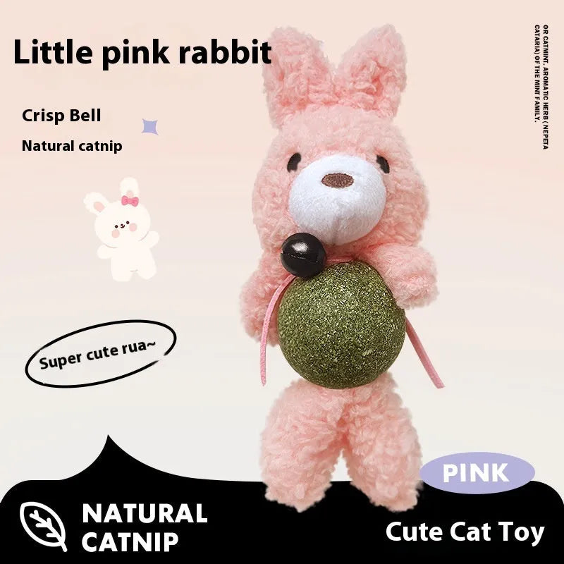 Plush cat toy shaped like a brown bear with a mint ball and bell, for cats to chew and play with.