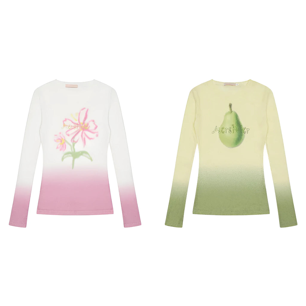 Women's gradient flower print long-sleeved T-shirt in light pink and yellow green colours
