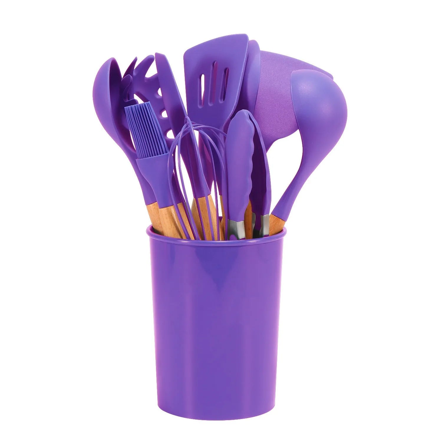 12-piece non-stick silicone kitchenware set with wooden handles in modern simplicity design, various colour box packaging options