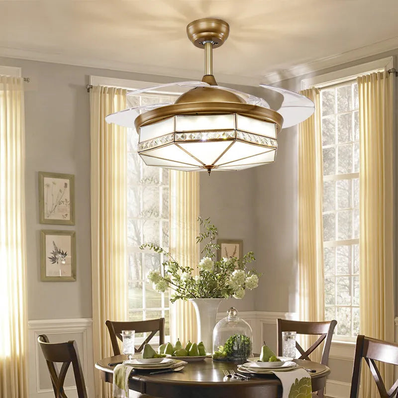 Gold 42-inch ceiling fan light with invisible blades and remote control on a white background.