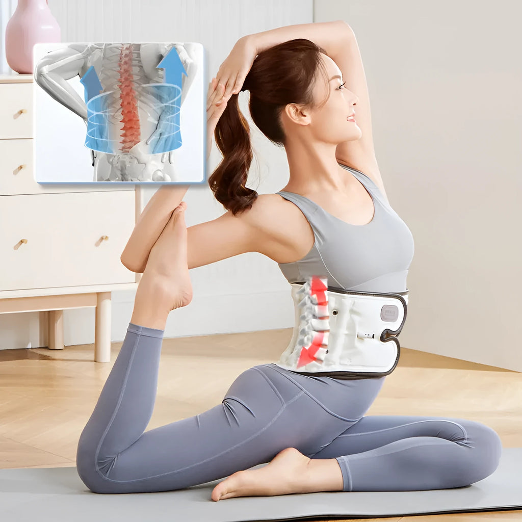 Lumbar waist supporter with automatic inflation for disc stretch correction, showing PU construction and UK power plug