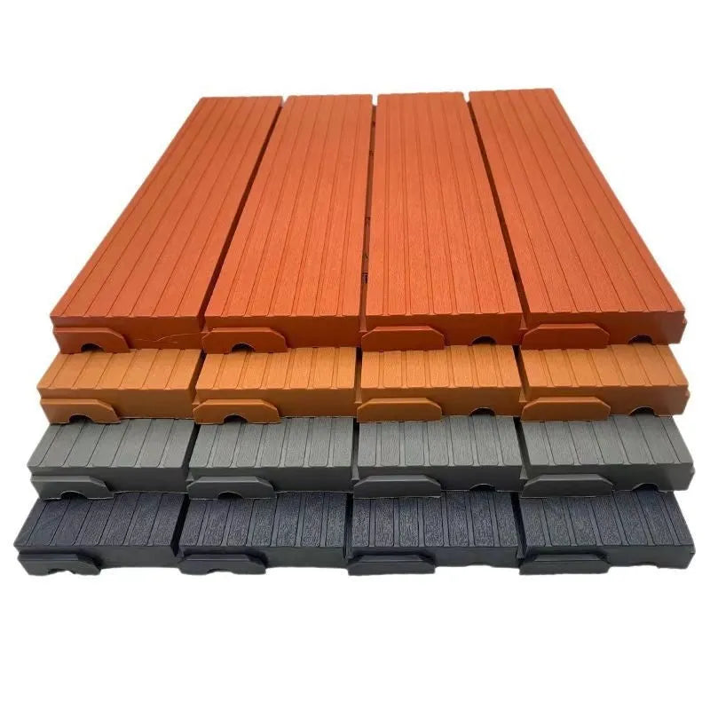 Pack of ten wood grain patterned plastic floor tiles showing 300x300mm size and non-slip surface texture.