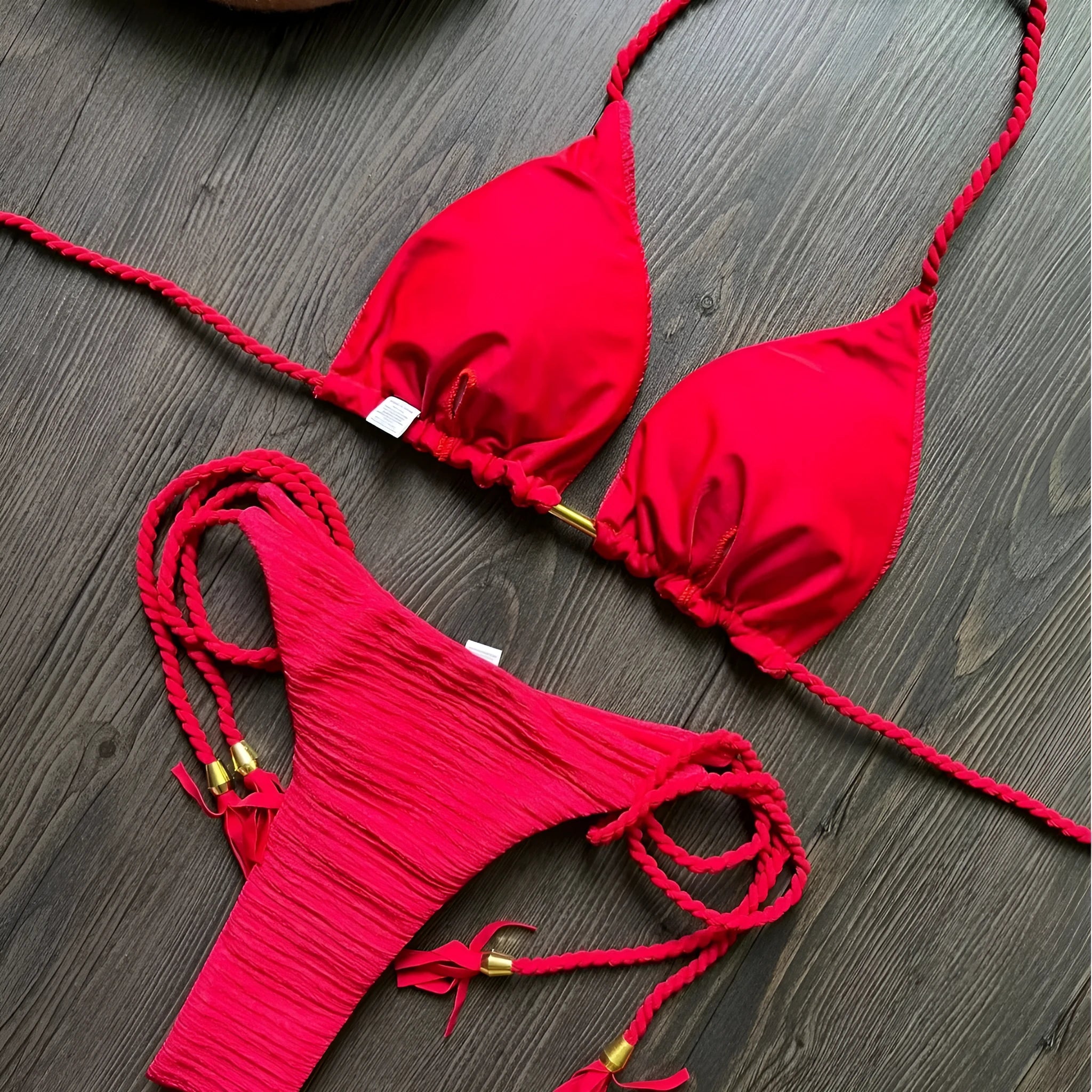 Women's solid colour braided rope bikini suit with cotton lining and nylon fabric for swimming