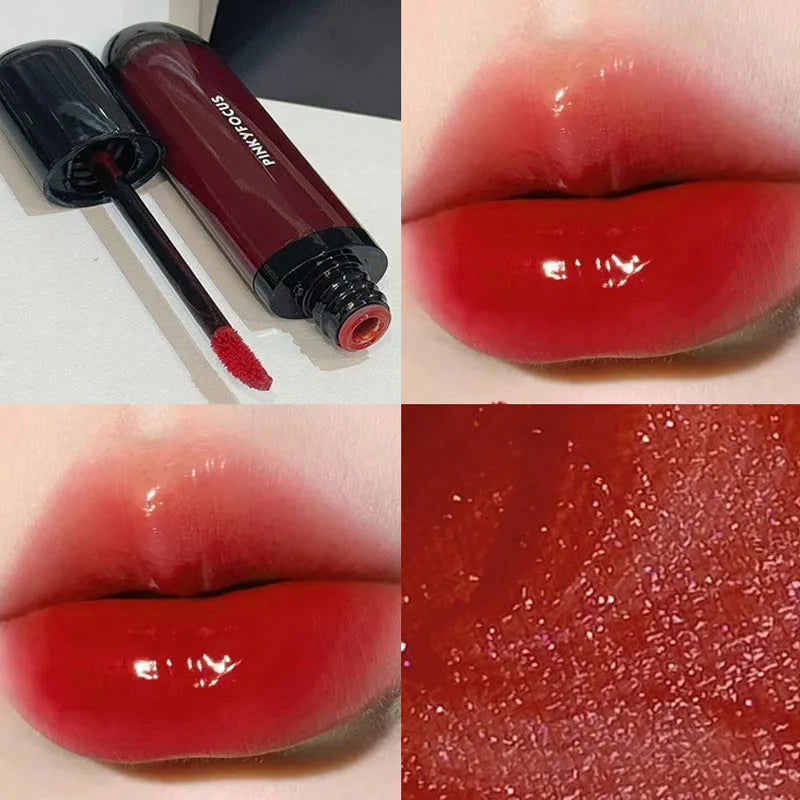 Black Citrus Mirror Lip Lacquer tube showcasing six colour shades: Black Tomato, Orange Brown, Bean Paste, Rose, And Red, Sweet Potato.