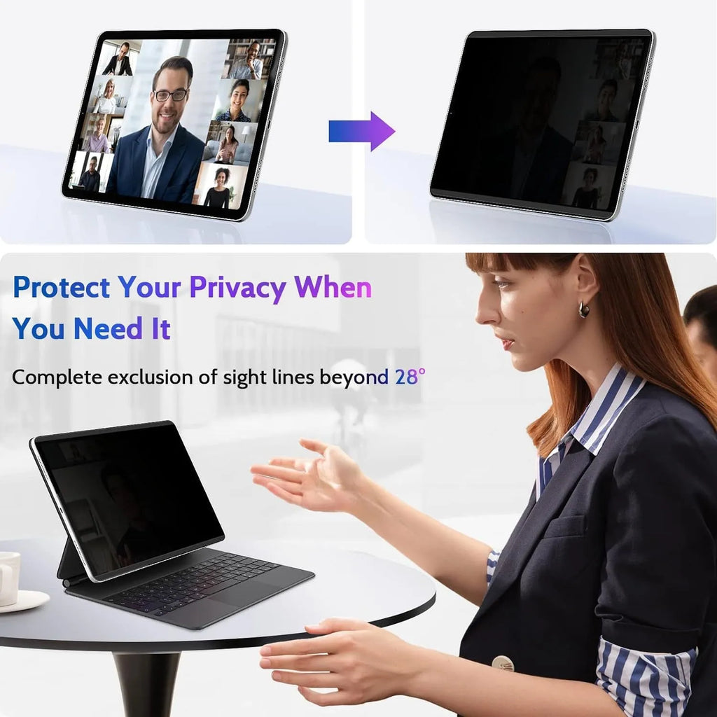 Magnetic iPad privacy screen protector with paper-like texture and magnetic storage clip for multiple iPad models