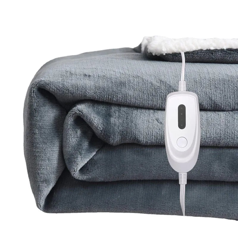 Grey flannel USB electric heating blanket showing temperature controls and 70x100cm dimensions