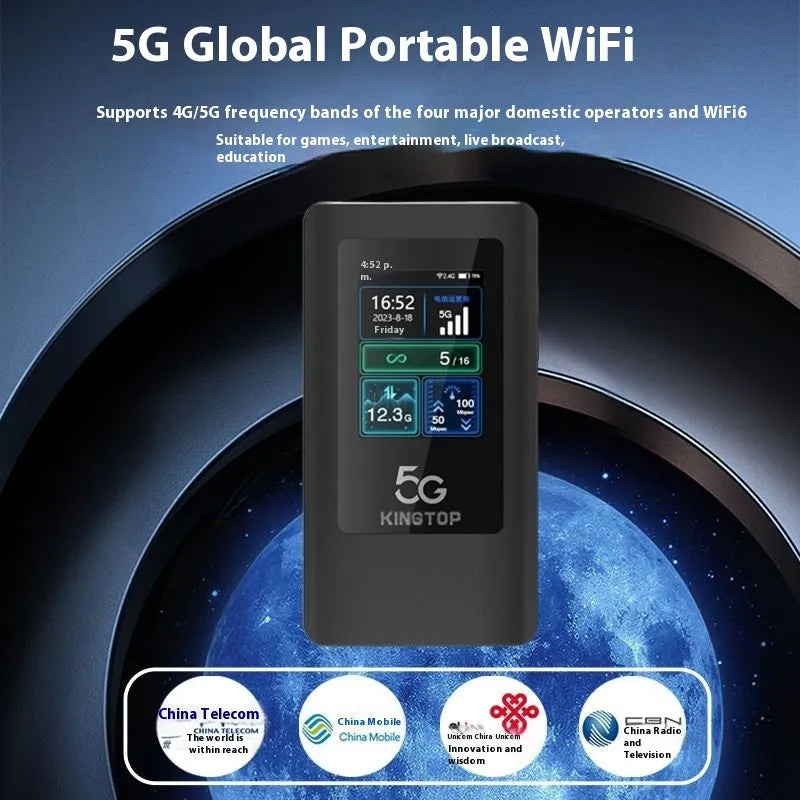 Black 5G portable Wi-Fi router showing LCD display, TYPE-C port, and compact 125x70x17mm design