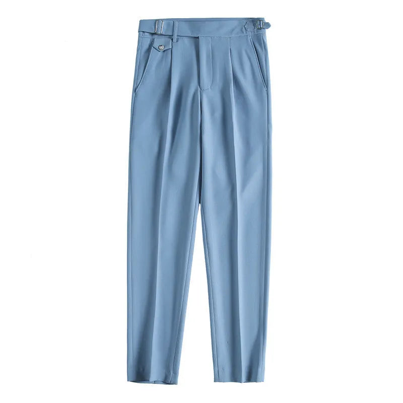 A pair of men's straight-leg casual trousers in a solid colour, laid flat to show the classic cut and polyester fabric.