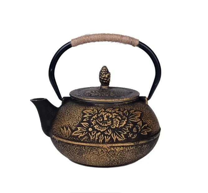 Cast iron teapot with Japanese-style decorative pattern and 0.9-litre capacity for brewing tea
