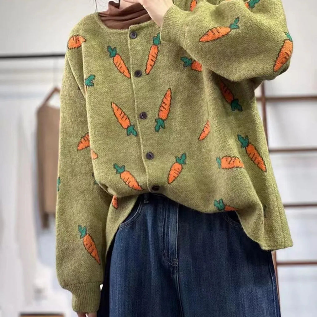 Mori artistic printing cardigan sweater with colour contrast design in loose casual fit