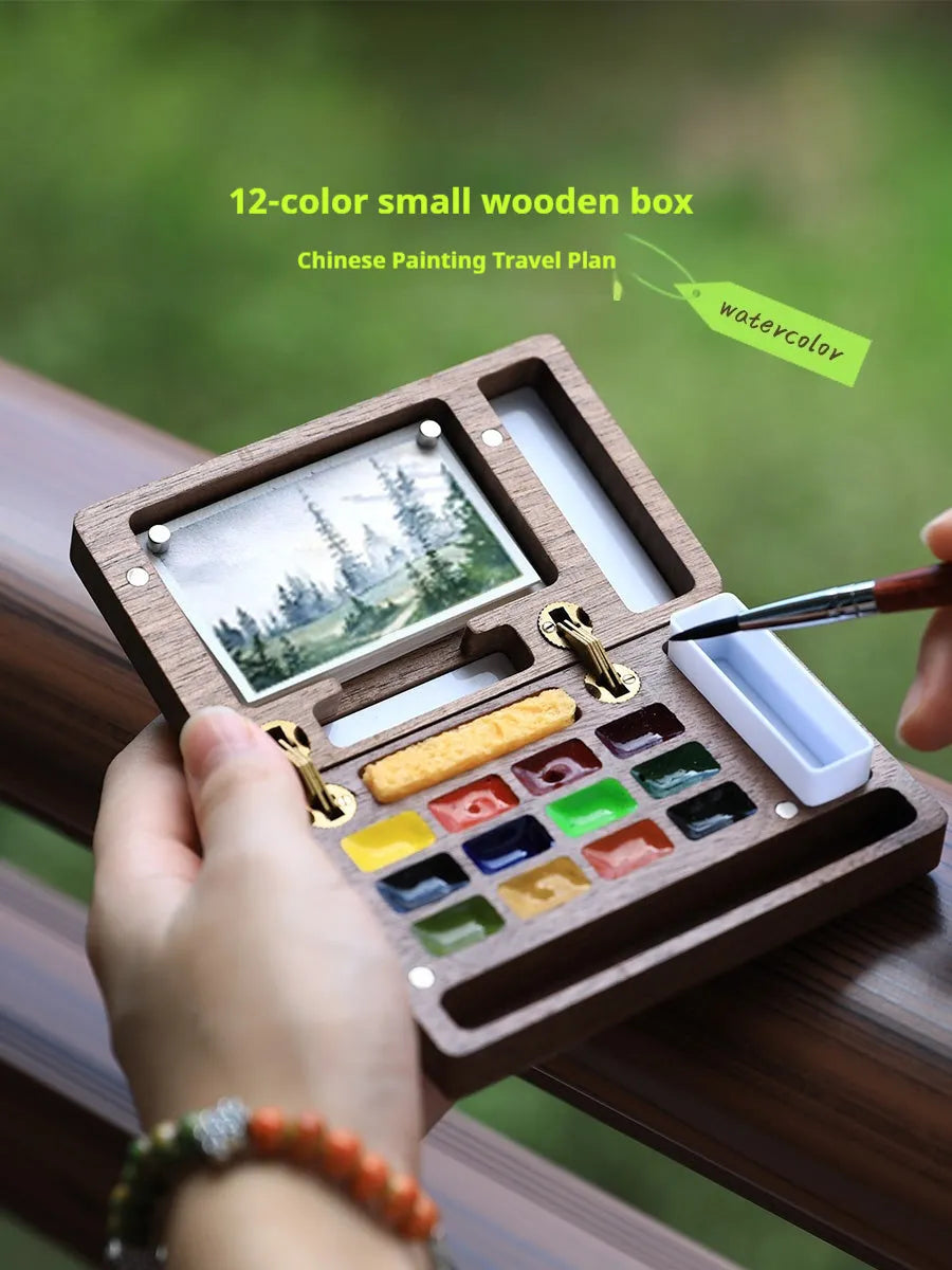 Miniature walnut wood watercolour paint box with professional pigment suits including German Schminke and Holbein colours