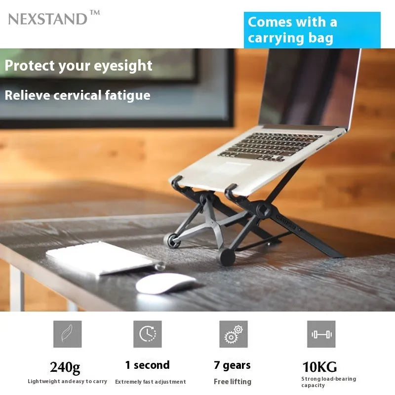 Sagacious black portable folding computer bracket with one-touch lifting mechanism and carrying case