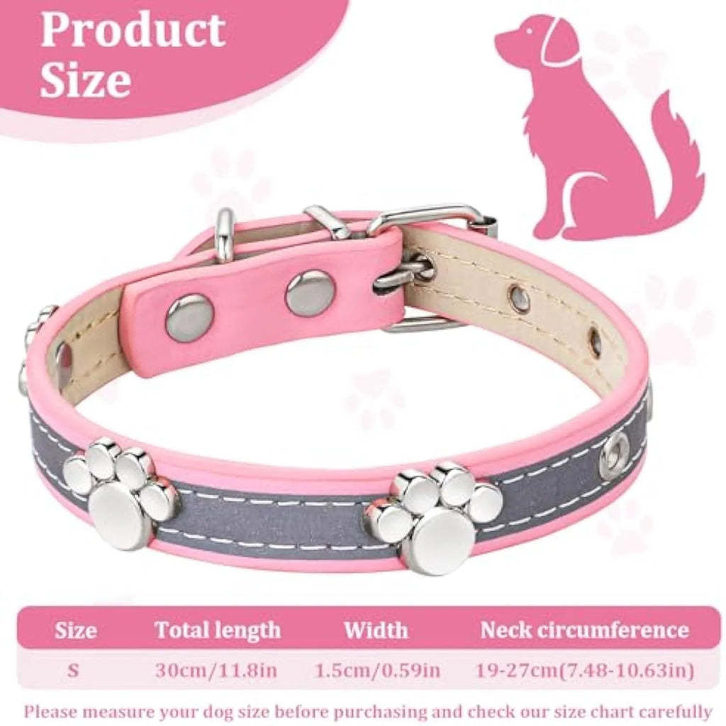 Reflective brown PU leather dog collar with metal buckle and decorative paw-shaped rivet.