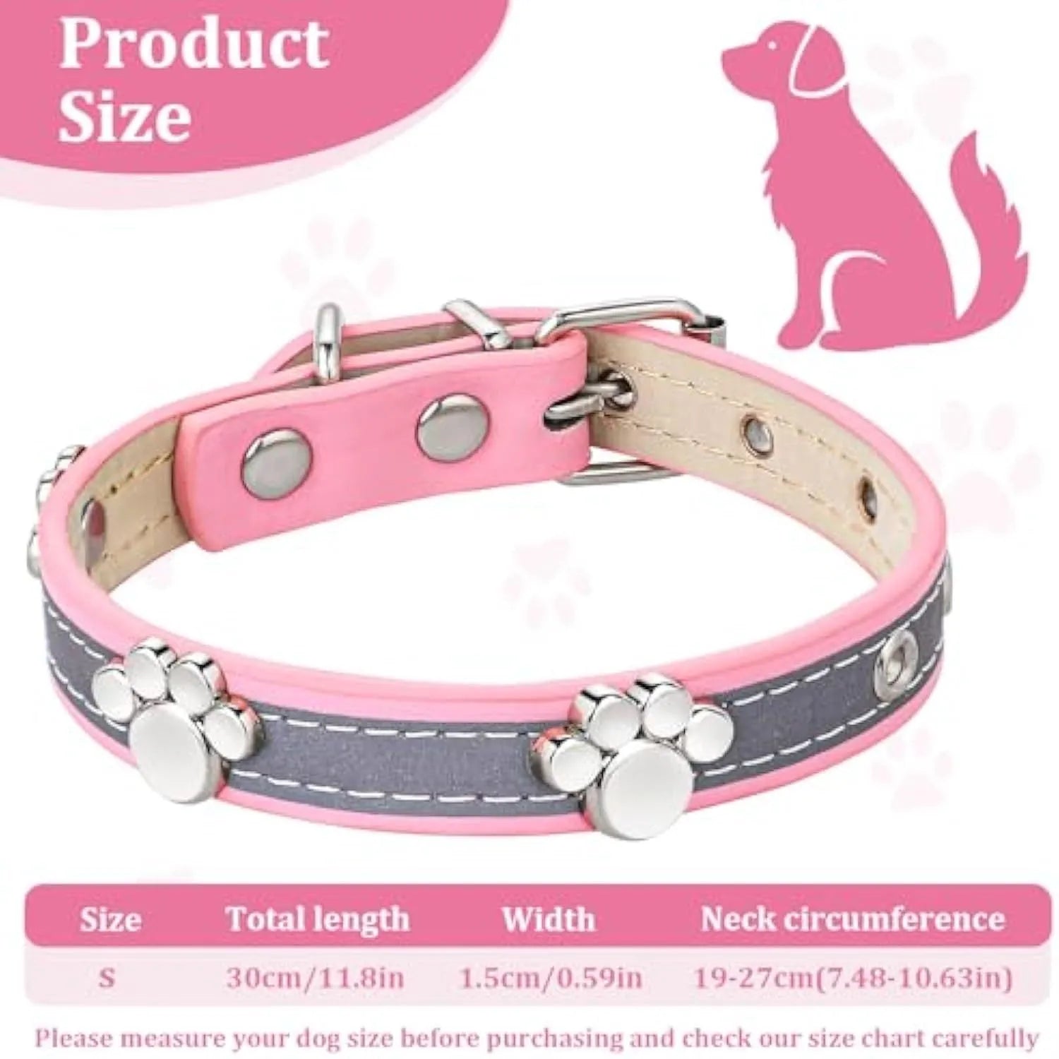Reflective brown PU leather dog collar with metal buckle and decorative paw-shaped rivet.
