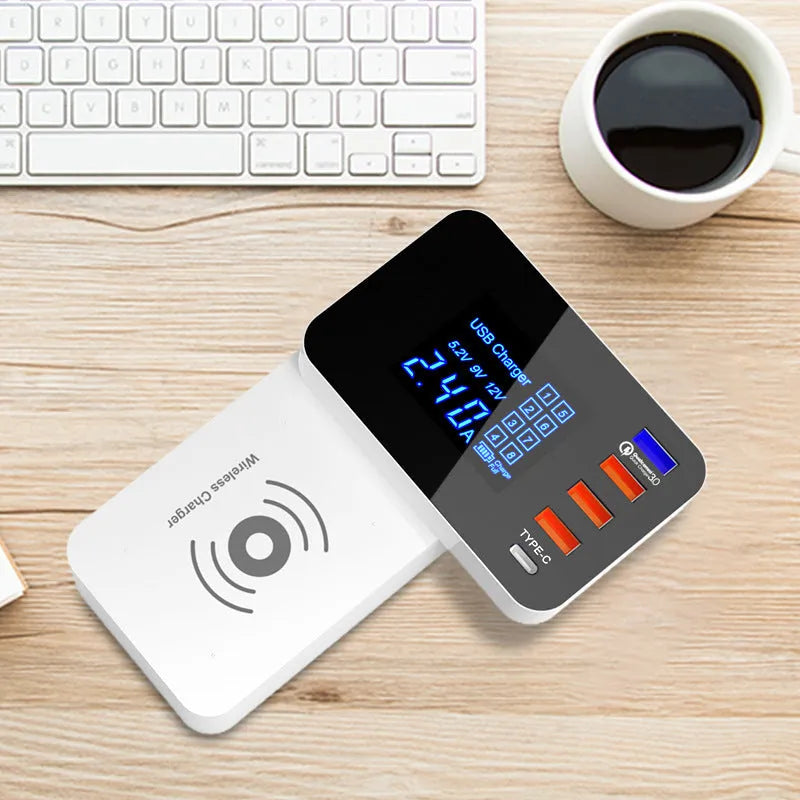 White multi USB port fast charger with 1.5 metre cable and optional plug adapters