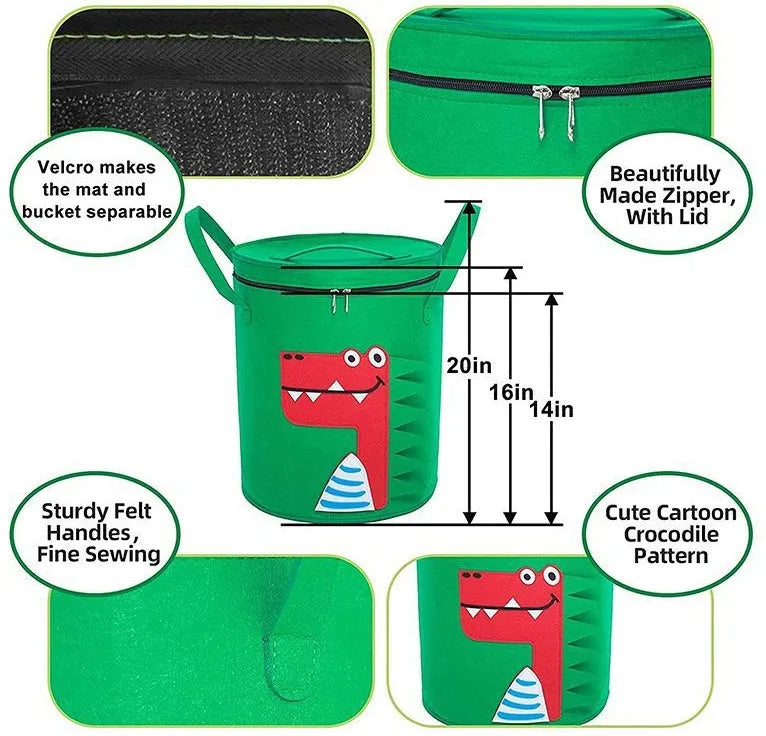 Green felt cube storage bag with pull rope open as a floor play mat for toys.