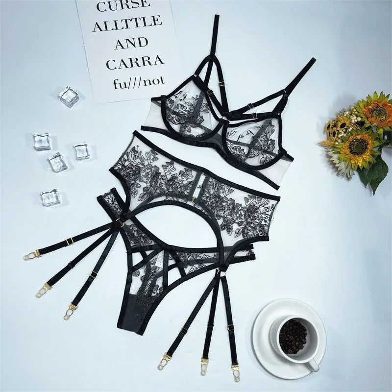 Black lace three-piece set with sleeveless top, high-waist trousers, and waist ring for women