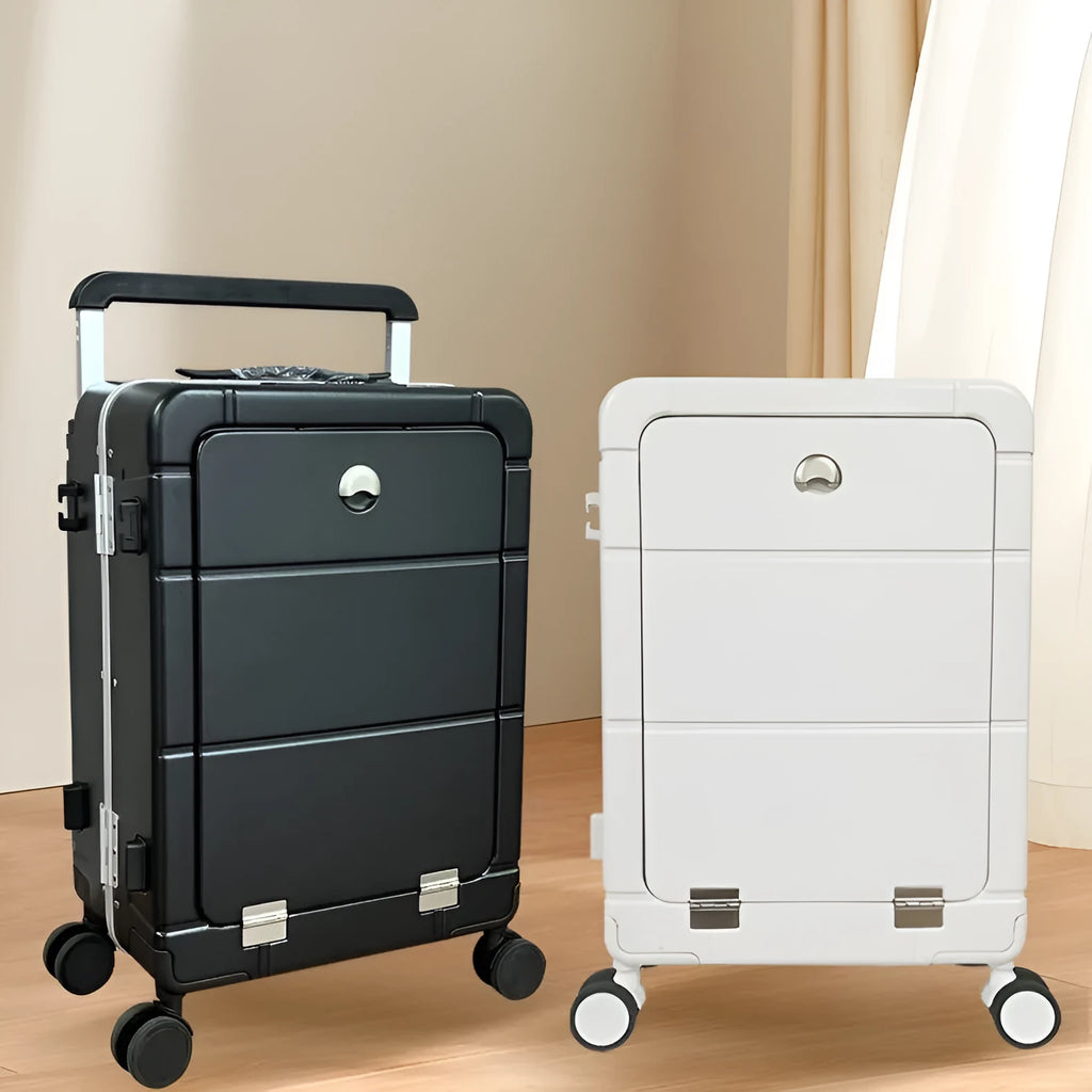 Front opening 20-inch hard shell suitcase in silver showing dry wet separation compartment and cup holder.