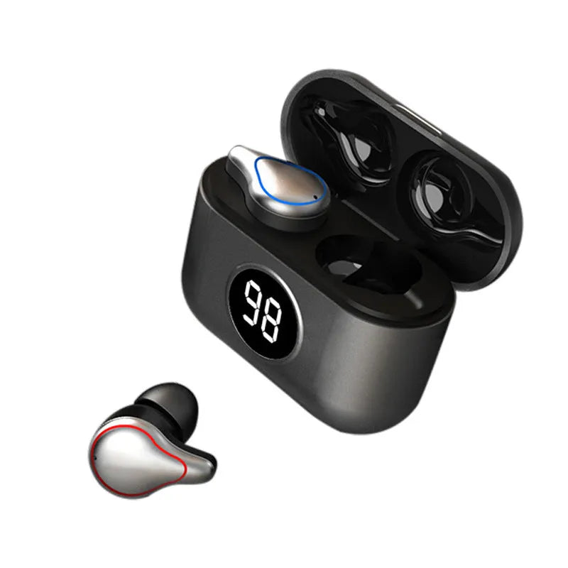 Black and Blue in-ear Bluetooth stereo headset with earplug-style design.