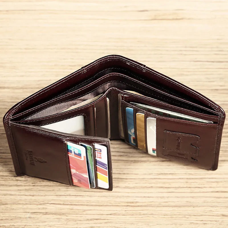 Men's leather wallet showing multiple internal compartments for cards, cash, coins and photos