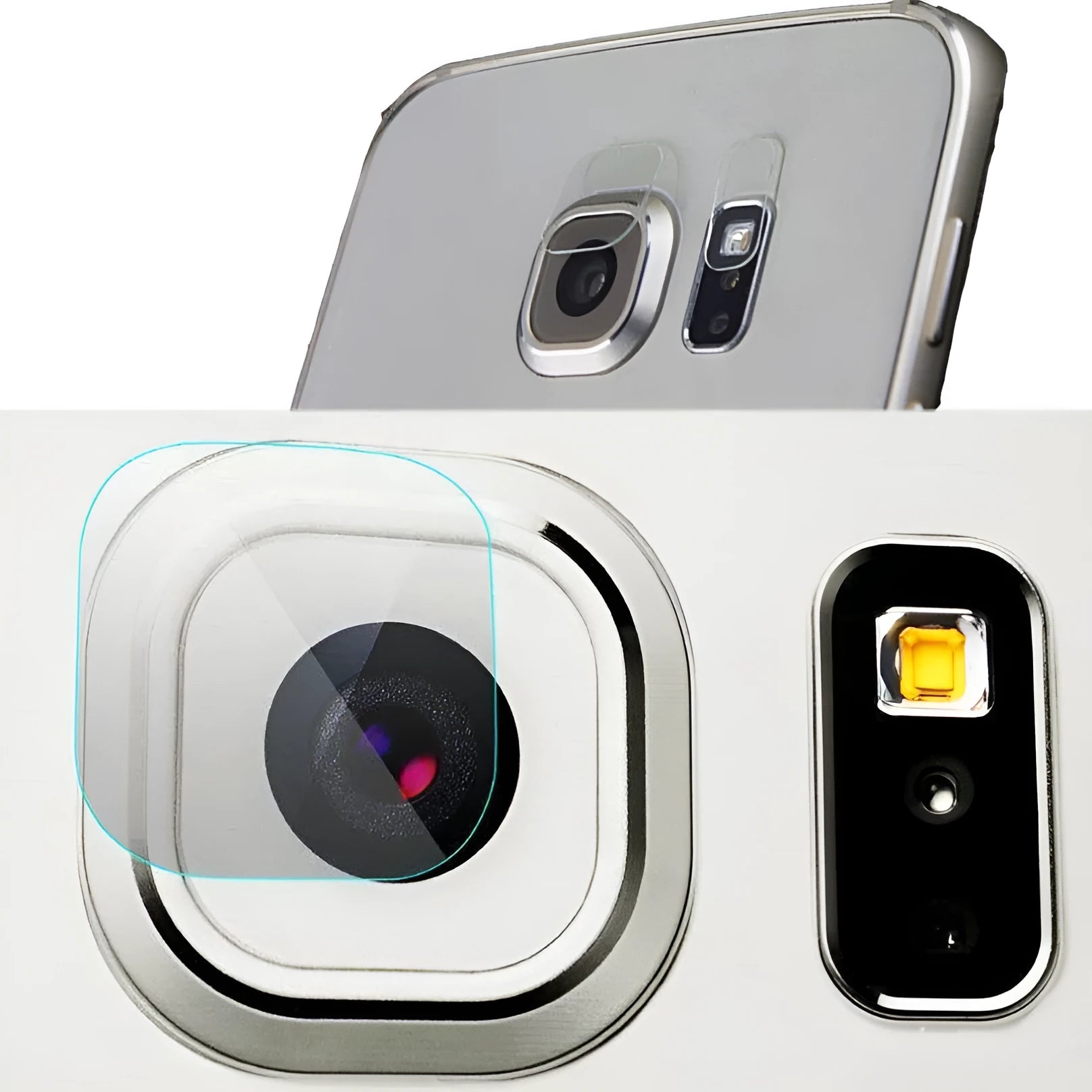 Samsung Galaxy S8 rear camera tempered glass lens protector film and flash film on packaging