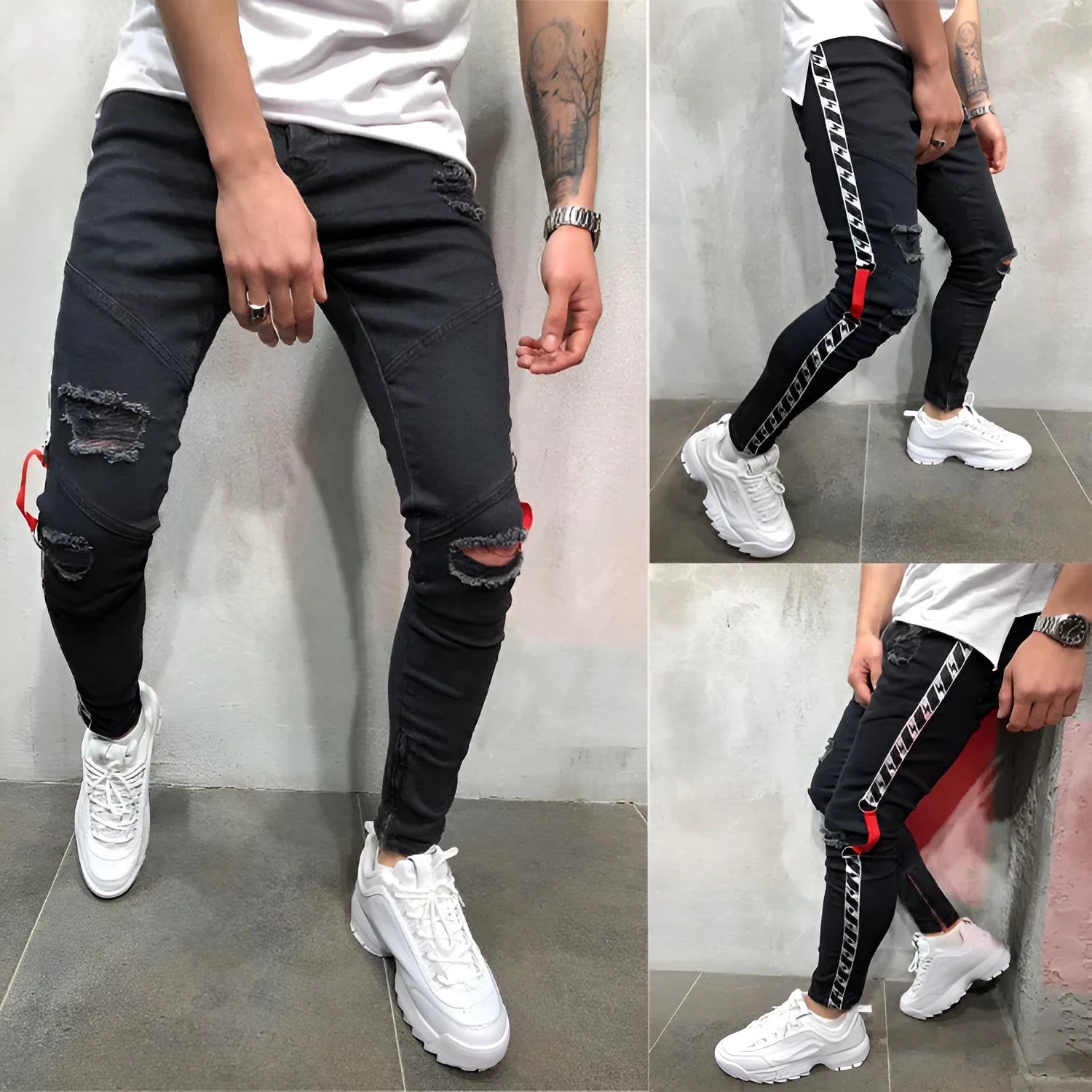 Men's retro low-waist pencil jeans in blue, flat front, cotton polyester blend with zip fly