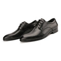 Men's black leather Derby shoes with checkered pattern detailing and pointed toe caps