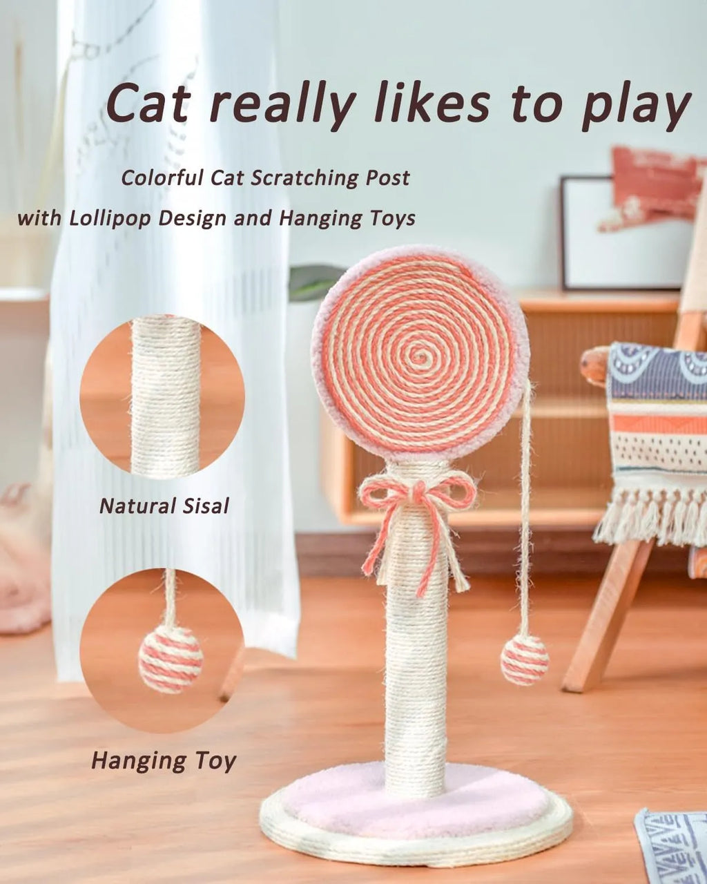 Blue cat scratching post with sisal rope centre and a hanging ball on a sturdy wooden base.