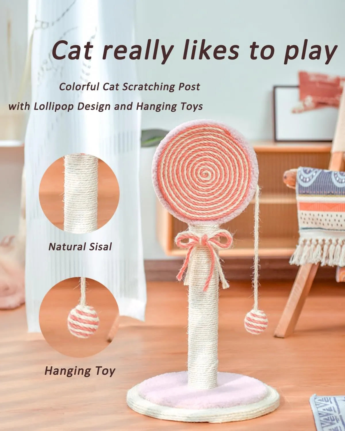 Blue cat scratching post with sisal rope centre and a hanging ball on a sturdy wooden base.
