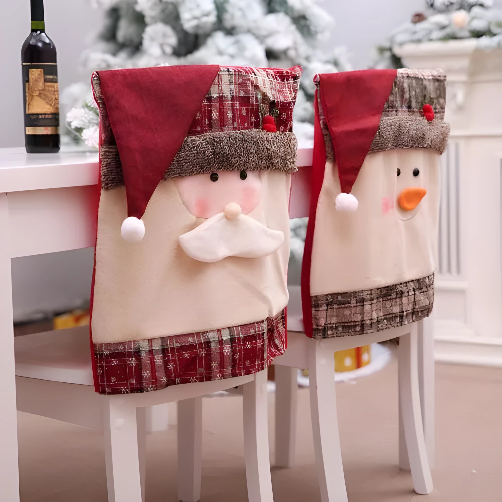 Christmas chair cover set showing Santa Claus, Snowman and Santa hat designs on standard dining chairs