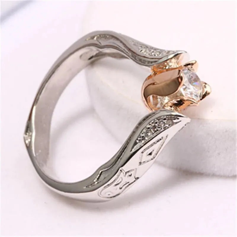 Women's flower separation simulation diamond ring in copper with gold plating, zircon stone, and rose colour separation, sizes 5-10