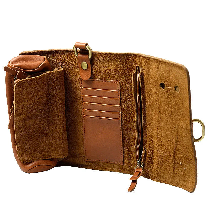 Handmade vintage leather wallet in black or dark brown with tape closure, dimensions 20x10x4cm