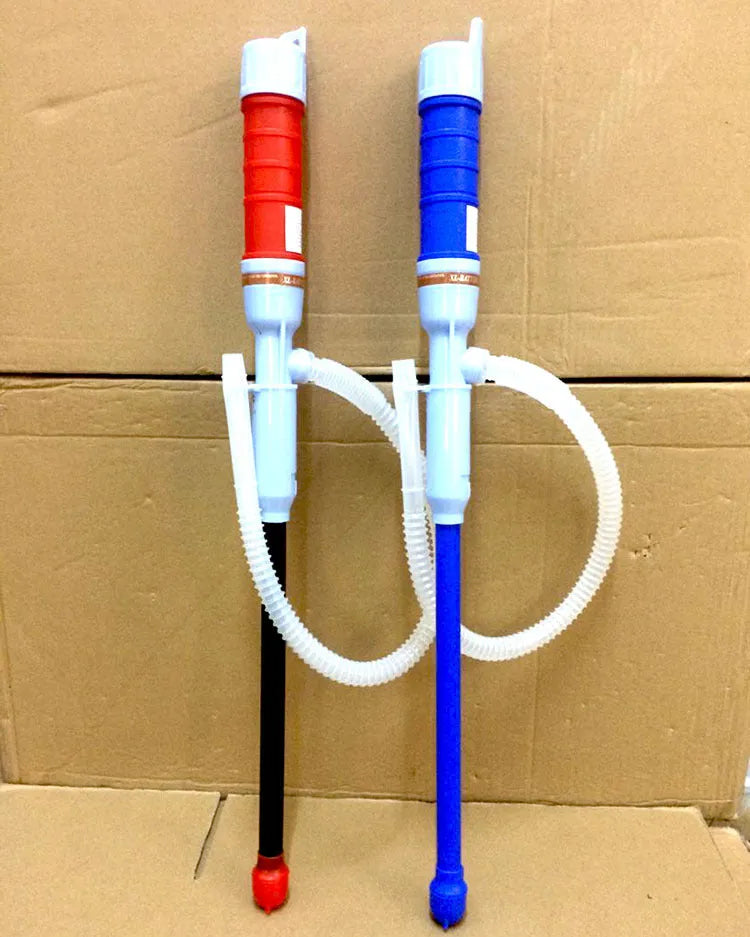 Manual hand pump siphon for fuel and liquid transfer in red or blue colour