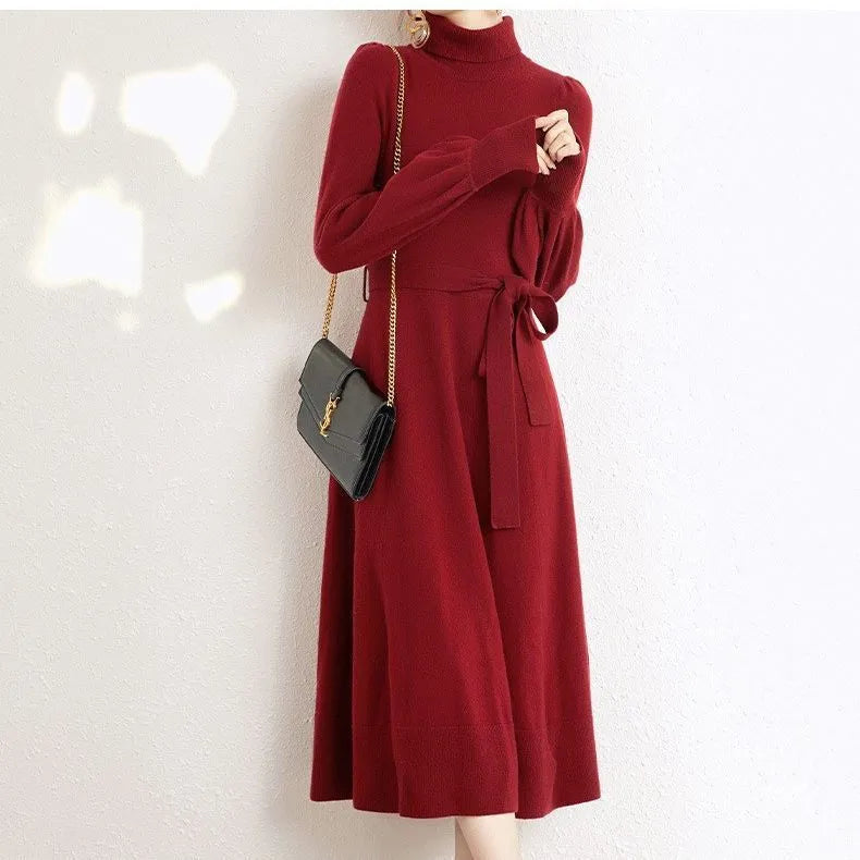 Adult ladies' turtleneck knit dress with elastic waist in rose red, black, red, or blue colours