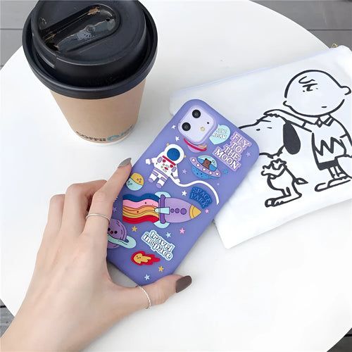 Purple silicone phone case with 3D stereoscopic astronaut and rocket design for Apple iPhone