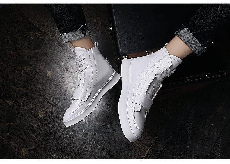 Men's black and white winter ankle boots with high-top sneaker design and PU leather microfiber upper