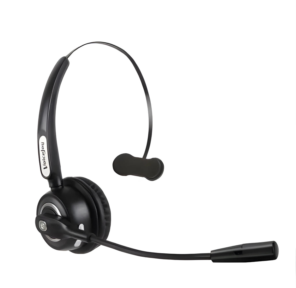 Black Bluetooth headset with microphone designed for truck drivers and office use, shown with a USB charging cable.